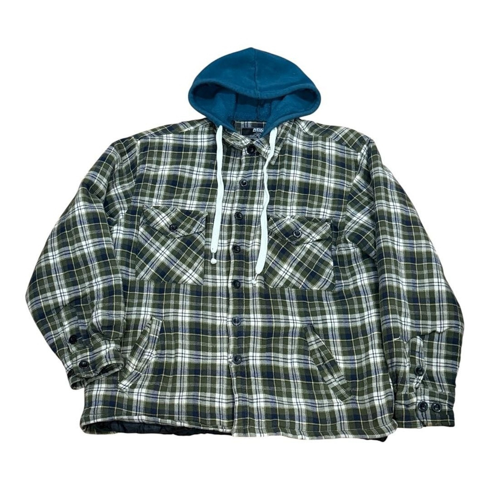 Azur Jacket Mens Large Green Plaid Hooded Quilted Lined Flannel Shacket Workwear